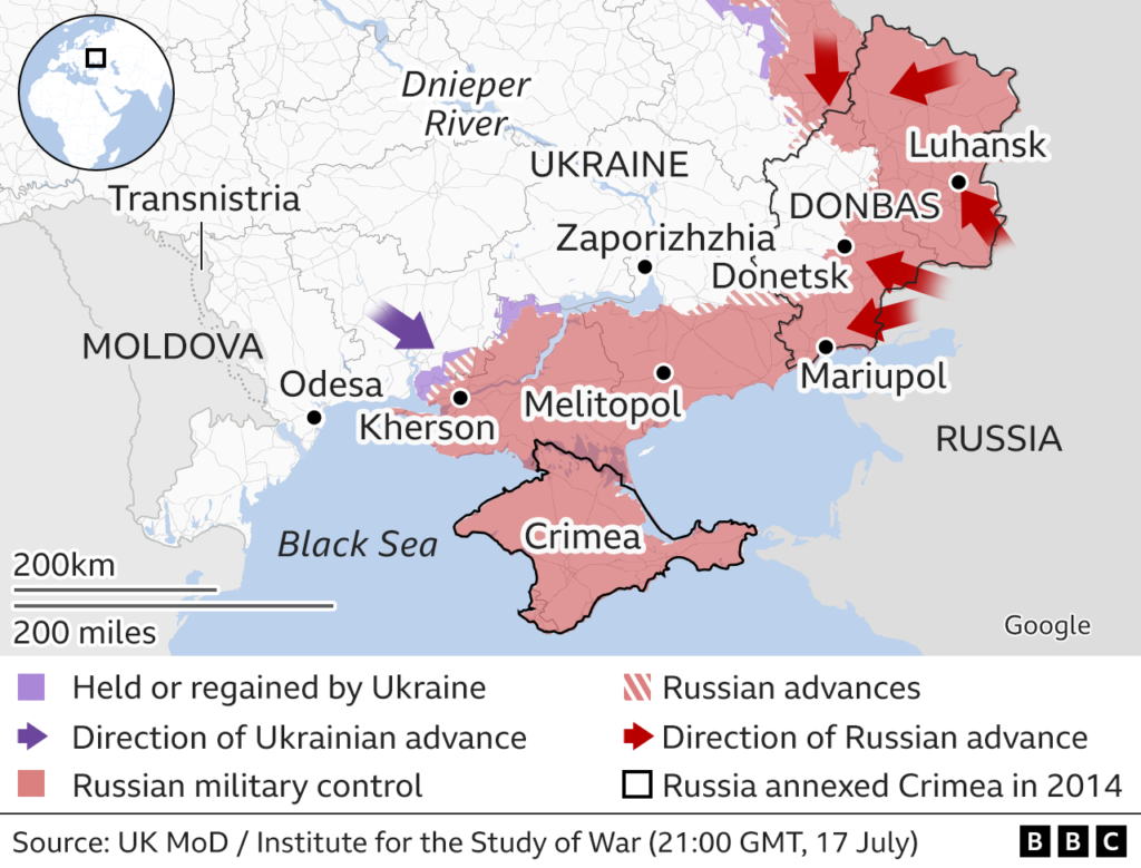 Russia Vs Ukraine map Shows the conflict areas in the map 